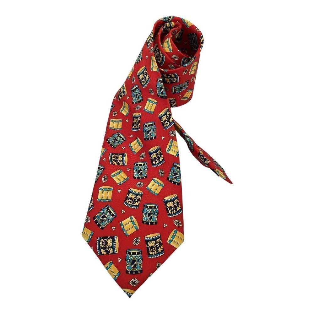LEONARD PARIS Red Drum Print Luxury Silk Tie Made In Italy W: 3.75" EX COND